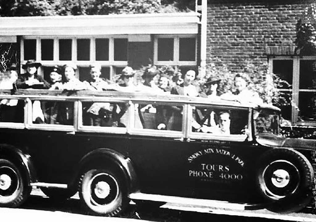 Smoky Mountain Tour Bus in the 1930s parked at Tapoco Lodge.